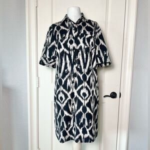 Tahari ASL Black and Cream geometric ikat print shirt dress size 10